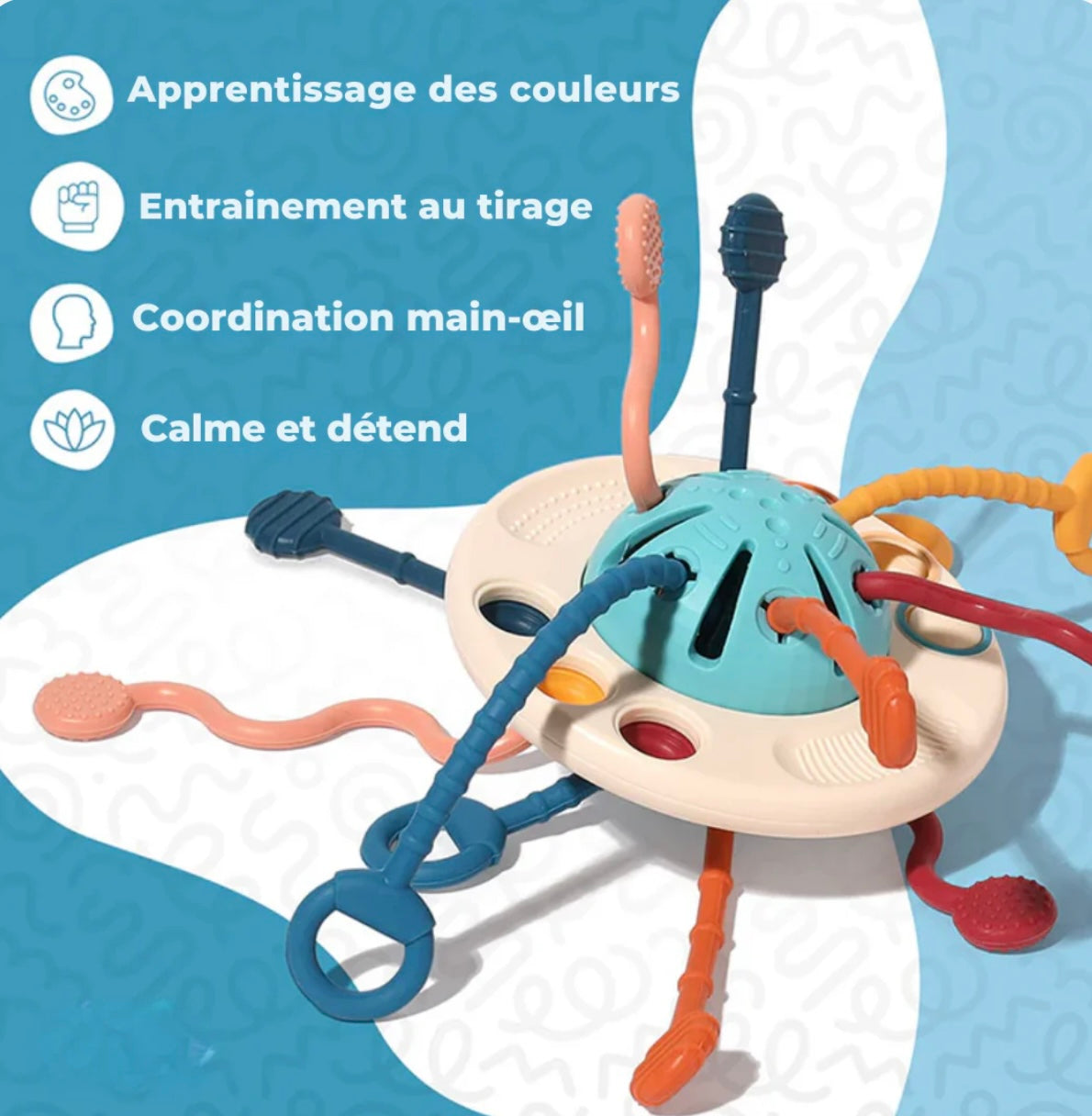 JOUET À TIRER EN SILICONE – JOUET MONTESSORI 1 AN – MOBILITÉ & MOTRICITÉ FINE