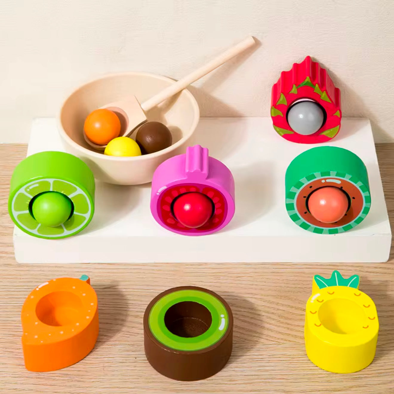 FRUITS ET LÉGUMES EN BOIS MONTESSORI – ENSEMBLE ÉDUCATIF AVEC PINCE
