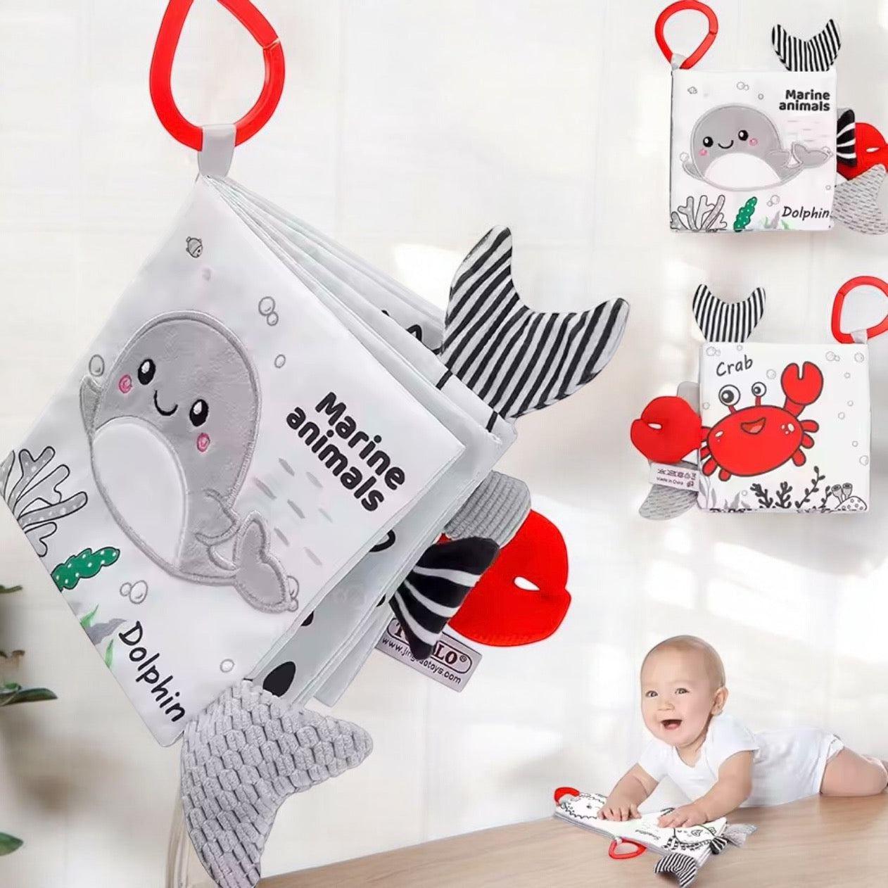 LIVRE EN TISSU ANIMAUX MARINS – JOUET MONTESSORI 1, 2 & 3 ANS – DÉCOUVERTE & MANIPULATION