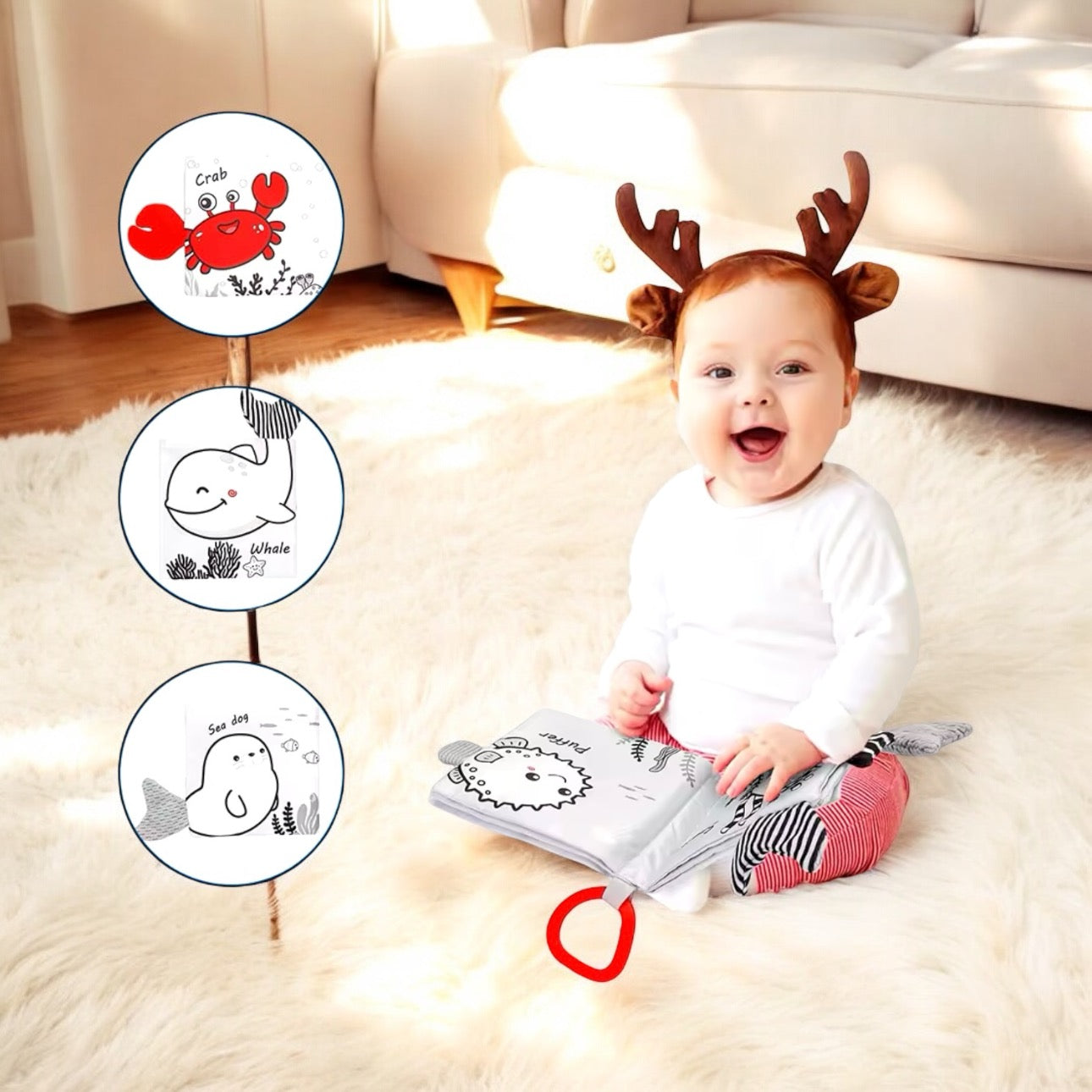 LIVRE EN TISSU ANIMAUX MARINS – JOUET MONTESSORI 1, 2 & 3 ANS – DÉCOUVERTE & MANIPULATION