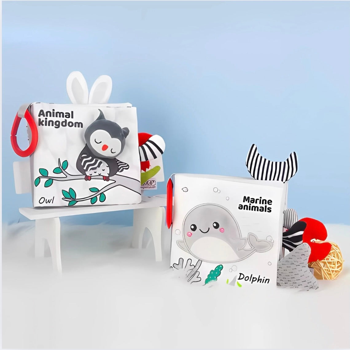 LIVRE EN TISSU ANIMAUX MARINS – JOUET MONTESSORI 1, 2 & 3 ANS – DÉCOUVERTE & MANIPULATION