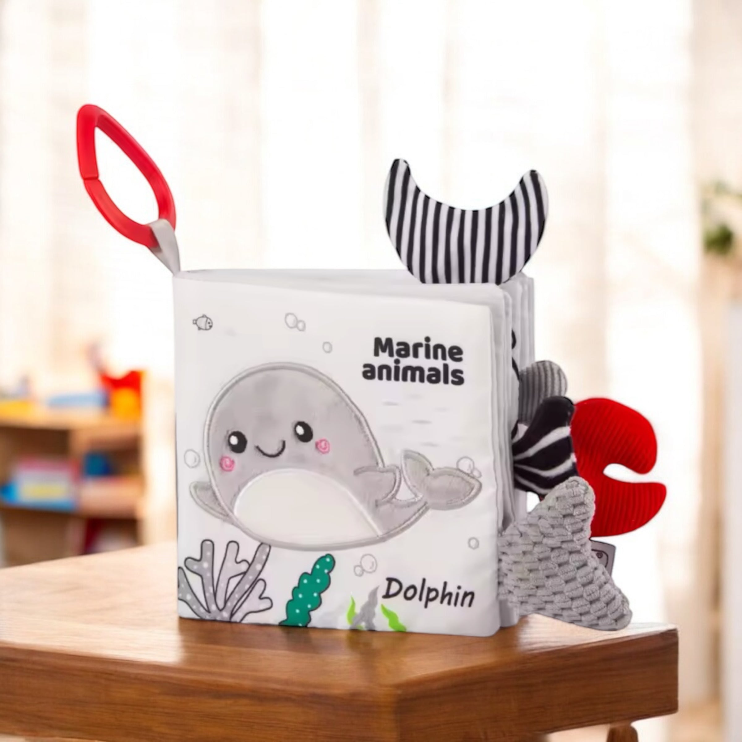 LIVRE EN TISSU ANIMAUX MARINS – JOUET MONTESSORI 1, 2 & 3 ANS – DÉCOUVERTE & MANIPULATION